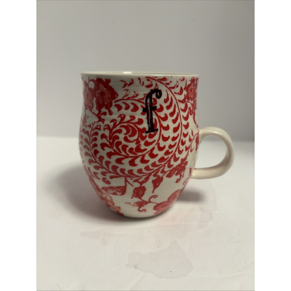 Anthropologie f Monogram Red Orange Floral Mug Coffee Tea Cup